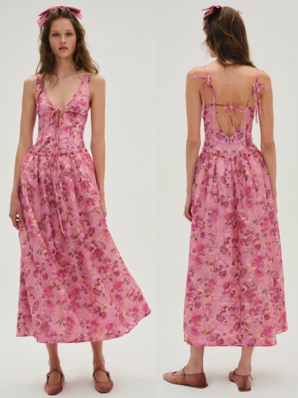 For Love & Lemons NWT Blurred Roses Pink & Gold Metallic Midi Dress Size Small